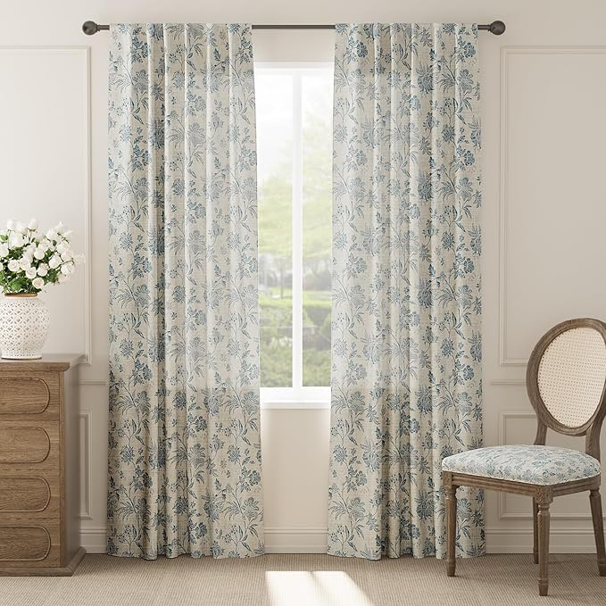 jinchan Linen Floral Curtains for Living Room with Printed Flower 90 Inches Long Light Filtering French Country Back Tab Rod Pocket Blue Window Curtain Set Farmhouse Drapes 2 Panels Blue