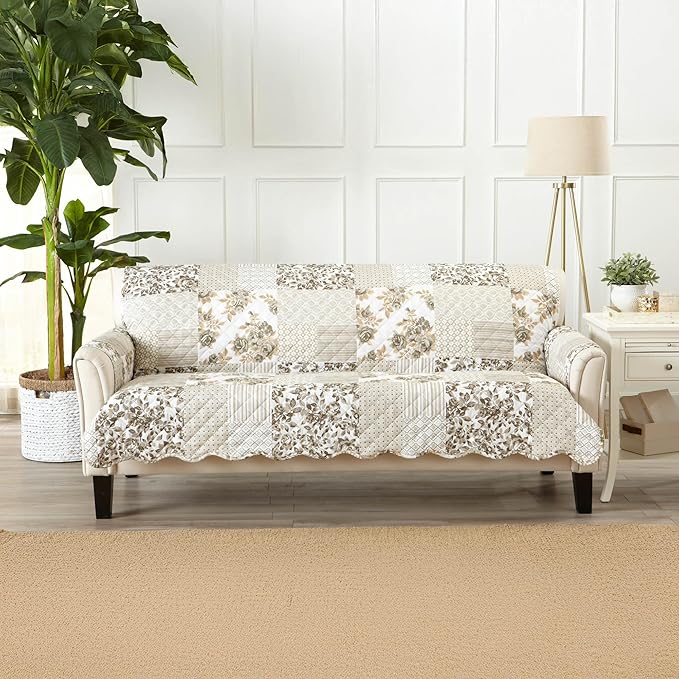 Great Bay Home Reversible Patchwork Sofa Cover - Washable Slipcover Furniture Protector with Elastic Straps - Perfect for Kids & Pets - Box-Stitched Detail (Taupe)