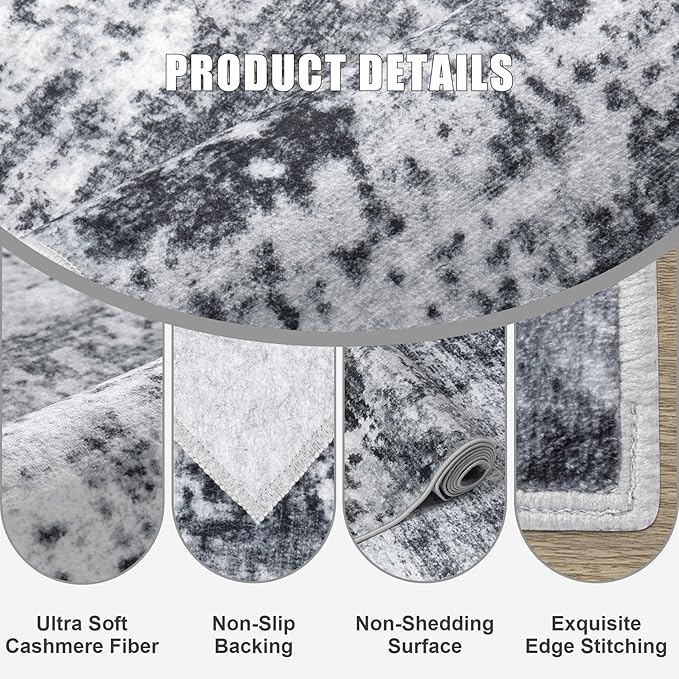 4x6 Area Rug Living Room Rug: Washable Modern Abstract Soft Thin Rug Indoor Floor No Slip Stain Resistant Carpet for Bedroom Dining Room Farmhouse Nursery Home Office - Dark-Black