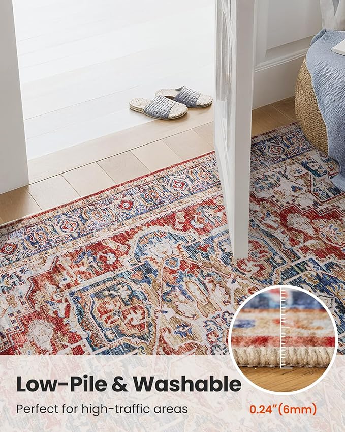 AMADA HOMEFURNISHING 8x10 Washable Area Rug, Low-Profile Large Area Rug with Non-Slip Backing & Durable Edge Binding, Vintage Large Rugs for Living Room, Bedroom, Dinning Room