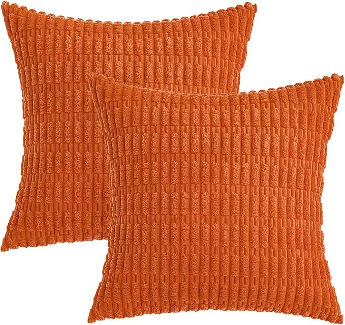 MIULEE Pack of 2 Orange Corduroy Decorative Pillow Covers 16x16 Inch Soft Boho Striped Throw Pillow Covers Modern Farmhouse Home Decor for Halloween Thanksgiving Summer Sofa Living Room Couch Bed