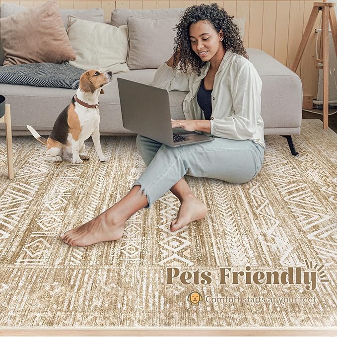 6x9 Area Rugs for Living Room: Washable Moroccan Geometric Boho Rug Farmhouse Non Slip Stain Resistant Large Rug Low Pile Soft Carpet for Bedroom Dining Room Home Office Kids Room (Light Brown,6'x9')