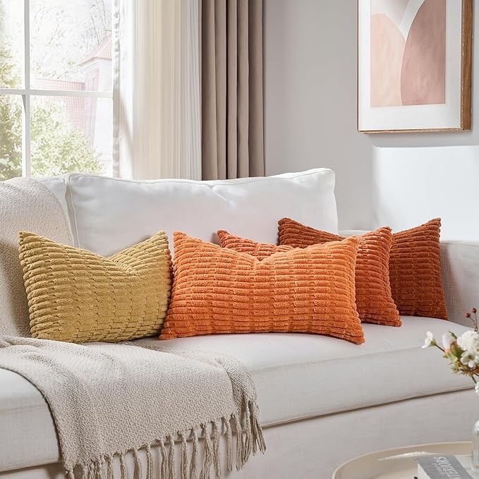 Fancy Homi Set of 4 Burnt Orange Fall Lumbar Rectangle Decorative Throw Pillow Covers 14x24 Inch for Couch Bed Chair, Farmhouse Boho Room Decor, Soft Fuzzy Thick Corduroy Textured Cushion Case 35x60cm