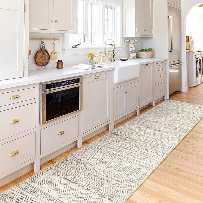 Washable Moroccan Hallway Runner Rug 2'6''x16' - Non-Slip Kitchen Floor Mat Soft Bedroom Carpet with Rubber Backing Living Room Runner for Entryway Farmhouse Style Low Pile Rug 2'6''x16' Beige
