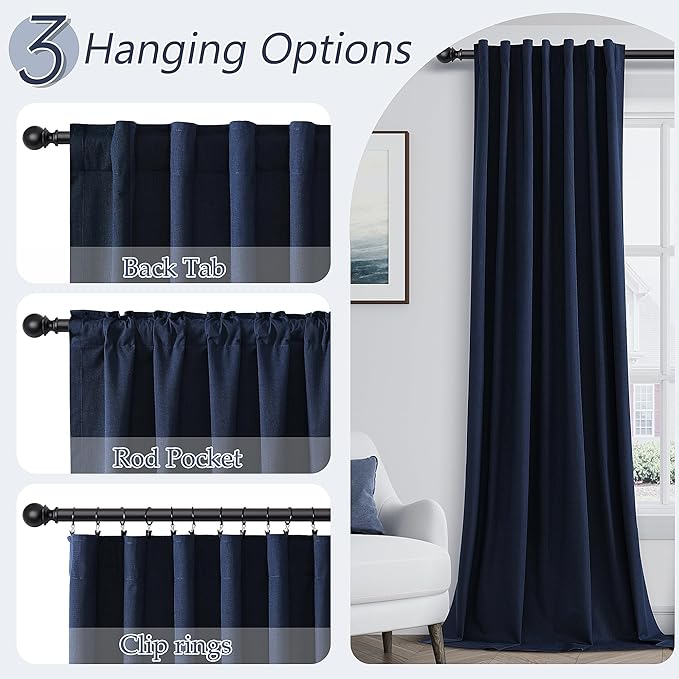 Guken Navy Blue 100% Blackout Curtains 120 Inch Length 2 Panels Set for Living Room Bedroom Back Tab Thermal Insulated Black Out Linen Drapes Room Darkening Window Curtains 120 Inches Long
