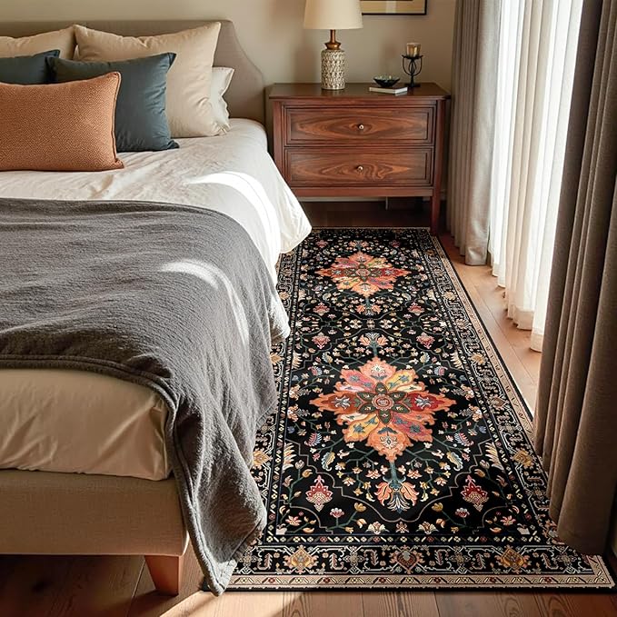 Area Rugs 3'x6' Runner Rug Non Slip Washable for Kitchen Hallway Bedroom Beside Laundry Room Bathroom Rug, Floor Carpet, Black Colorful Floral Dark Tan