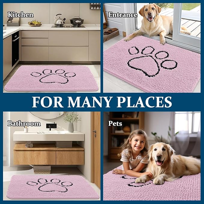 OLANLY Dog Door Mat for Muddy Paws 30x20, Paw Print Design, Absorbs Moisture and Dirt, Non-Slip Washable Doormat, Quick Dry Chenille Mud Mat for Dogs, Entry Indoor Entryway Carpet, Dusty Rose