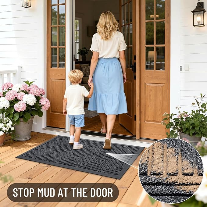 OLANLY Front Door Mat Outside Entrance 47x32, Absorbent, Heavy Duty Sturdy Natural Rubber Doormat Indoor Outdoor, Stain Fade Resistant, Non-Slip Low Profile Floor Mat for Entryway, Black Gray Diamond