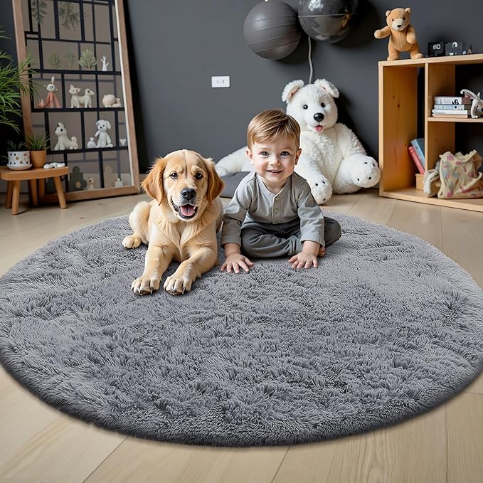 OLANLY Light Grey Round Rugs for Bedroom - Machine Washable, 5 ft Circle Area Rugs for Living Room, Soft and Fluffy Shaggy Carpet for Teen Girls and Boys, Nursery Rooms, Dorms, Home Decor Aesthetic