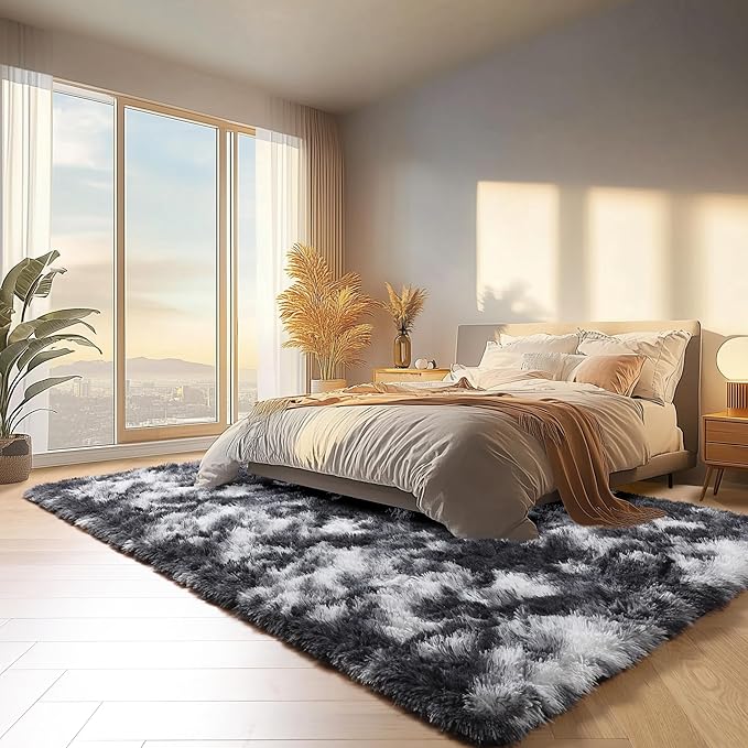 ONASAR Black and White Rugs for Bedroom Living Room, Fluffy 4x6 Indoor Bedside Floor Throw Area Rug, Soft Plush Shaggy Carpet for Nursery Kids Girls Boys Teen Dorm Home Decor Aesthetic