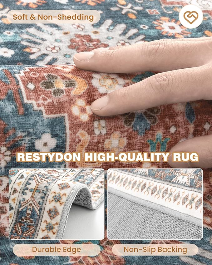Runner Rug 2x10, Ultra-Thin Kitchen Rugs Non Slip Washable Rugs for Entryway Rug, Kitchen Runner Low Pile Vintage Soft Carpets for Living Room, Bathroom Bedroom (Blue/Red,2'x10')
