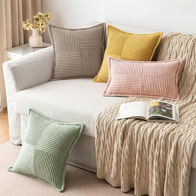 MIULEE Decorative Throw Pillow Covers for Couch Bed Livingroom 16x16 Inch Set of 2 Light Brown Boho Accent Throw Pllows Broadside Striped Patchwork Soft Corduroy Pillowcases