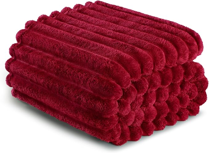 Exclusivo Mezcla King Size Flannel Fleece Blanket, Super Soft Striped Jacquard Bed Blanket, Lightweight Fuzzy Cozy for All Seasons, 90x104 Inches, Deep Red