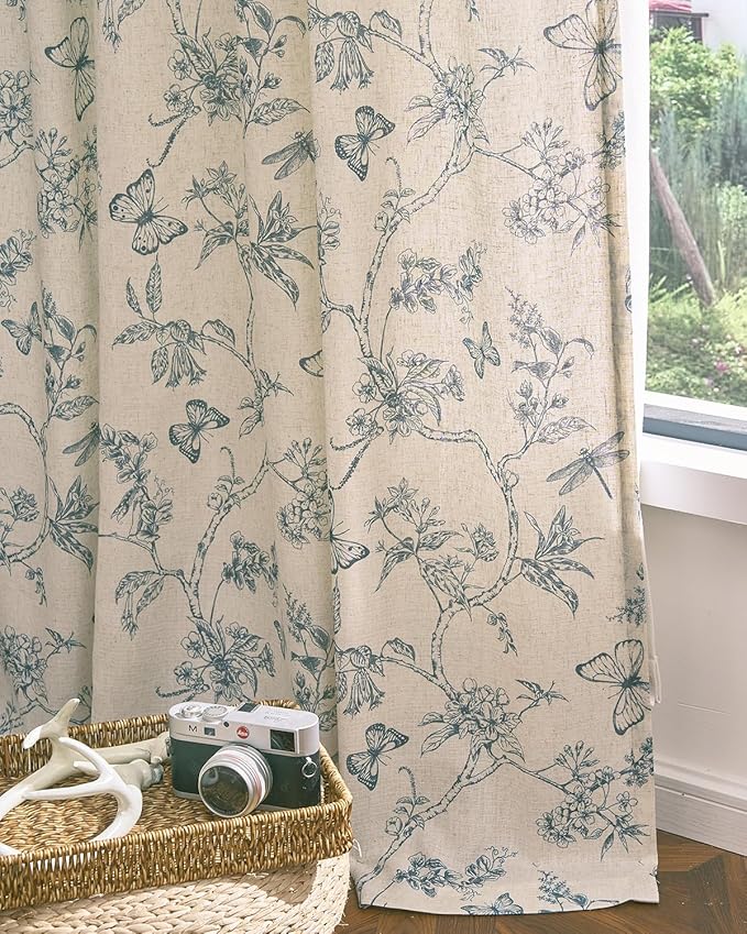 jinchan Floral Linen Curtains for Living Room 84 Inch Length Butterfly Curtain Blue Floral Curtains French Country Farmhouse Curtain Flower Patterned Drapes Window Treatment Set 2 Panels