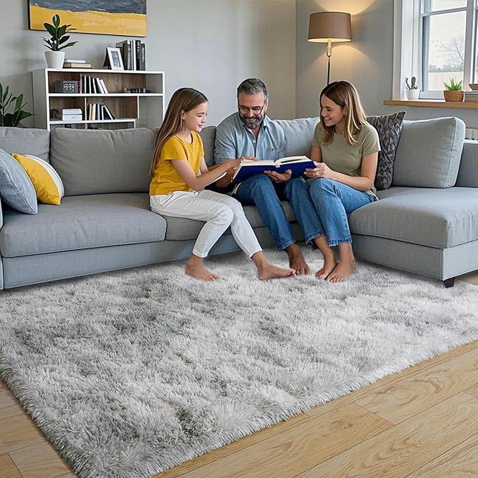 Pionblank Fluffy Area Rug for Bedroom 4x6 Feet, Indoor Plush Carpet, Shag Soft Bedside Rug, Cute Comfy Furry Rug for Living Room Dorm Girls Boys Room Nursery Decor, Tie Dye Grey