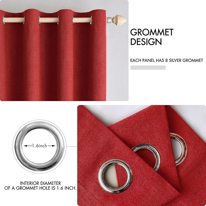 MIULEE Linen Curtains for Bedroom 100% Blackout Thermal Insulated Red Grommet Room Darkening Curtains & Drapes Christmas Decor for Living Room Nursery 52 x 90 Inch (2 Panels)