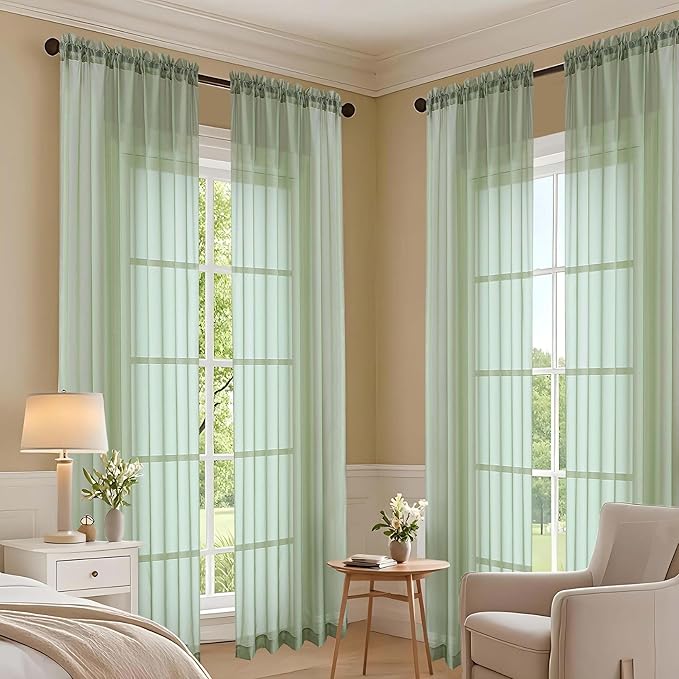 OVZME Sage Green Sheer Curtains 120 Inches Long 2 Panels Set, 59 Inch Extra Wide Soft Airy Lightweight Sheer Curtains for Living Room, Farmhouse Voile Filmy Rod Pocket Drapes, 59Wx120L Inches