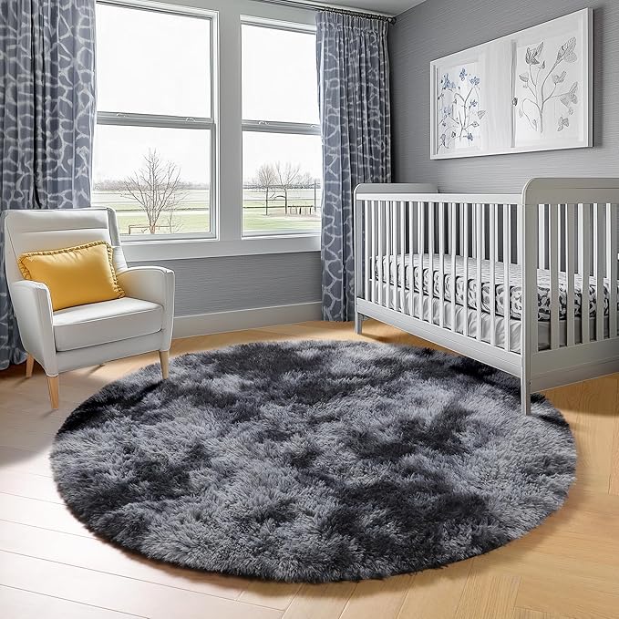 ONASAR Tie-Dyed Dark Grey Round Area Rugs 5ft, Ultra Soft Bedroom Circle Rug for Kids Girls Teen Room, Fluffy Plush Shaggy Carpet Floor Mats for Baby Nursery Living Room Playroom Home Decor