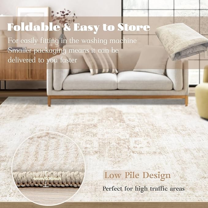 Area Rug 5x7 Washable Rug, Vintage Boho Medallion Rugs Non-Slip Soft Low Pile Large Distressed Rug Indoor Retro Carpet for Living Room Bedroom Dining Room Home Office (Beige, 5'x7')