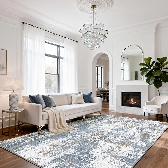 Washable Rugs 8x10 Area Rugs for Living Room,Modern Abstract Rugs for Bedroom,Large Carpets,Ultra Soft Faux Wool Dining Room Rug,Non Slip Low Pile Print Rug- Blue- (White-Reddish Brown)