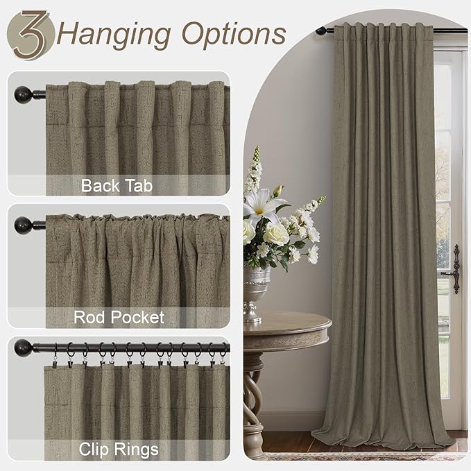 Brown Room Darkening Curtains 96 Inch Long for Living Room Dining Back Tab Linen Blackout Drapes Rustic Neutral Energy Efficient Black Out Window Curtain Panels for Bedroom Home Office Earth Cottage