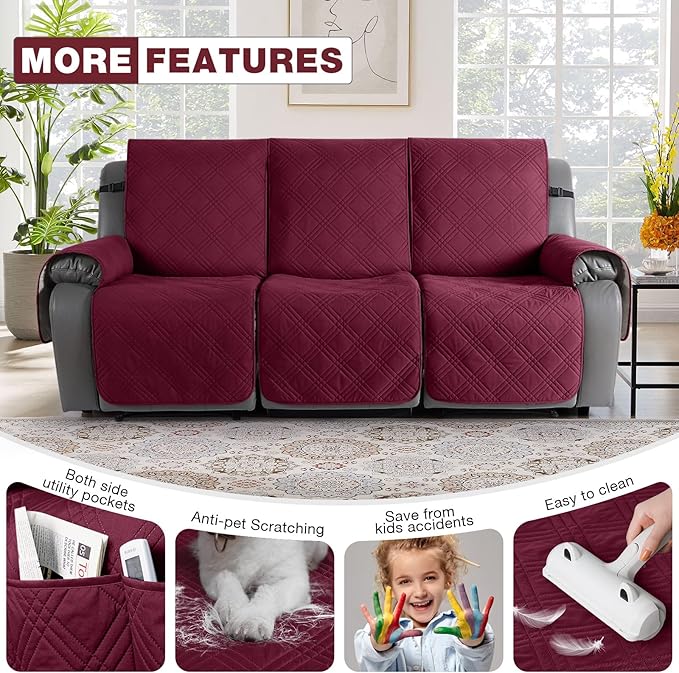 TAOCOCO 100% Waterproof Recliner Sofa Covers 3 Seater, Split Couch Covers for Reclining Couches, Non Slip Reclining Couch Covers with Double Straps for Kids Pets(3 Seater, Wine)