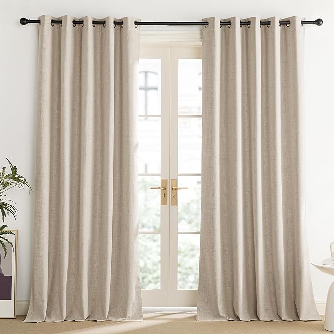 NICETOWN Cream 100% Blackout Linen Curtains 90 inch Long Burg for Living Room, 1 Pair, 62" Width Each Panel, Farmhouse Thick Completely Blackout Window Treatment Thermal Insulated Drapes