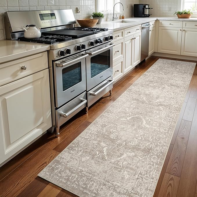 Washable 3x12 Runner Rug - Non-Slip Vintage Runner Rug for Entryway Low-Pile Medallion Long Rugs for Hallway Waterproof Traditional Runner Rugs Indoor Thin Rug for Kitchen (Beige)