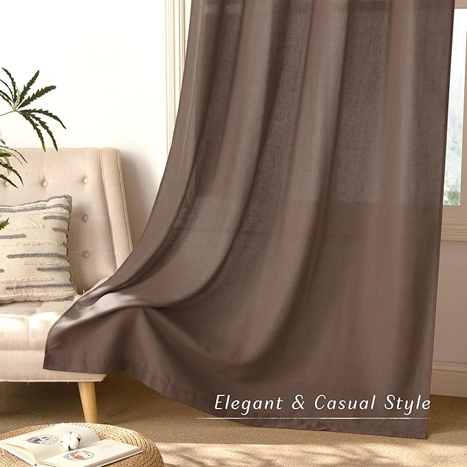 NICETOWN Linen Brown Curtains 96 inch Long, Grommet Privacy Added Thick Flax Window Treatments with Light Filtering Drapes for Bedroom/Farmhouse, W55 x L96, 2 Panels