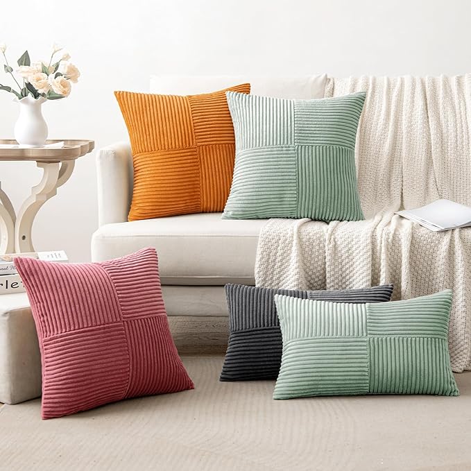 MIULEE Mint Decorative Throw Pillow Covers 20x20 Inch for Couch Bed Sofa Pack of 2 Boho Farmhouse Throw Pillows Soft Cross Corduroy Patchwork Textured Cushion Cases