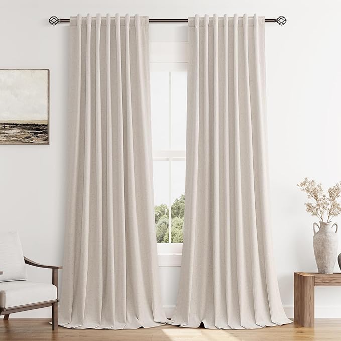 Guken 100% Blackout Curtains 108 Inch Length 2 Panels Set for Living Room Bedroom Back Tab Thermal Insulated Black Out Linen Drapes Room Darkening Window Curtains 108 Inches Long, Sand Beige