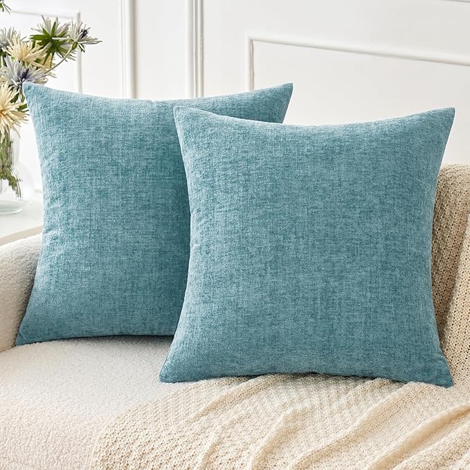 MIULEE Pack of 2 Couch Throw Pillow Covers 18x18 Inch Soft Smoke Blue Chenille Pillow Covers for Sofa Living Room Solid Dyed Pillow Cases