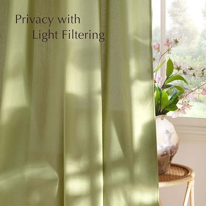 NICETOWN Fresh Green Linen Curtains for Kitchen, Thick Flax Small Window Treatments Semi Sheer Privacy Assured with Light Through for Cafe/Bathroom, W55 x L84, 2 Panels