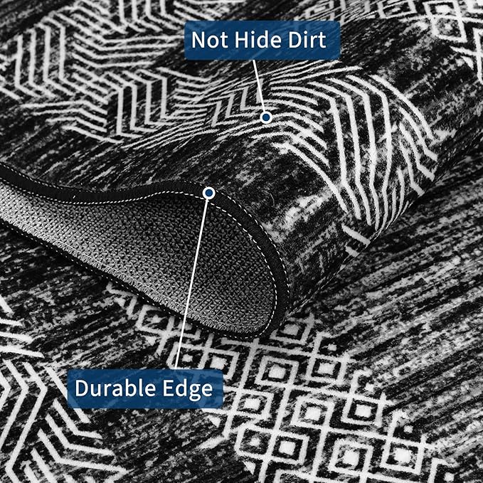 GarveeHome Modern Geometric Rug 4x6 Washable Rug for Living Room, Soft Non Shedding Indoor Carpet with Non Slip TPR Backing, Low Pile Thin Foldable Printed Floor Mats for Dining Room, Black
