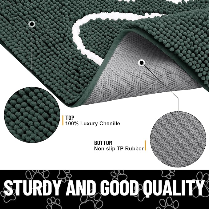 Smiry Dog Door Mat for Muddy Paws, Absorbent Dirt Trapper Non Slip Quick Dry Washable Chenille Mat for Mud Dogs, Entry Rug for Indoor and Outdoor (48x30 Inches, Green and White)