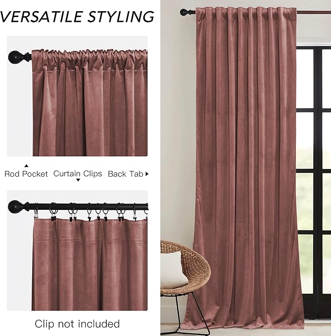RYB HOME Dusty Pink Velvet Curtains 96 inch, Darkening Window Curtains for Living Room Energy Efficient Backdrop Festival Decor for Girls Bedroom Dining Room, Wild Rose, W52 x L96 inch, 2 Panels