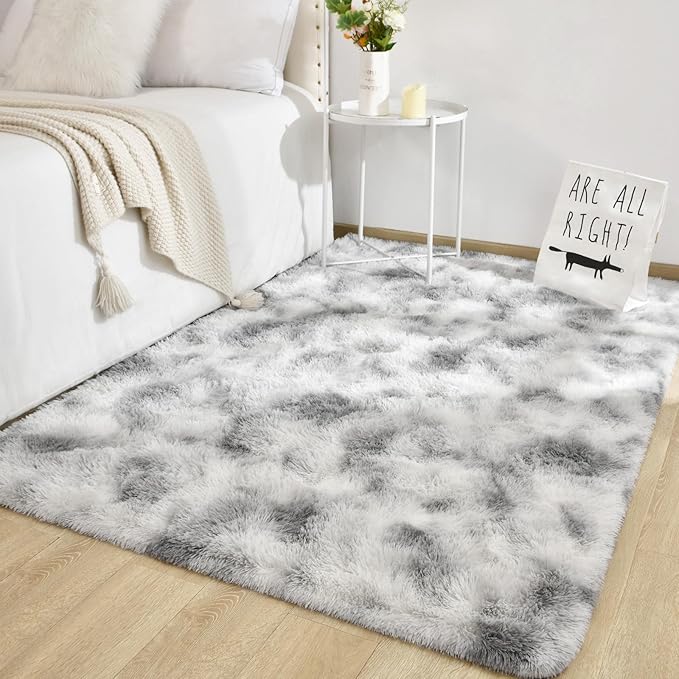 TWINNIS Super Soft Shaggy Rugs Fluffy Carpets 5x8 Feet, Indoor Modern Plush Area Rugs for Living Room Bedroom Kids Room Nursery Home Decor, Upgrade Anti-Skid Fuzzy Rug, Grey and White