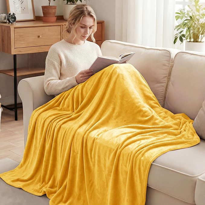 Exclusivo Mezcla Fleece Throw XL Blanket for Couch, Sofa, Super Soft and Warm Mustard Yellow Blankets, All Season, Cozy, Plush, Lightweight, 50x70 Inches