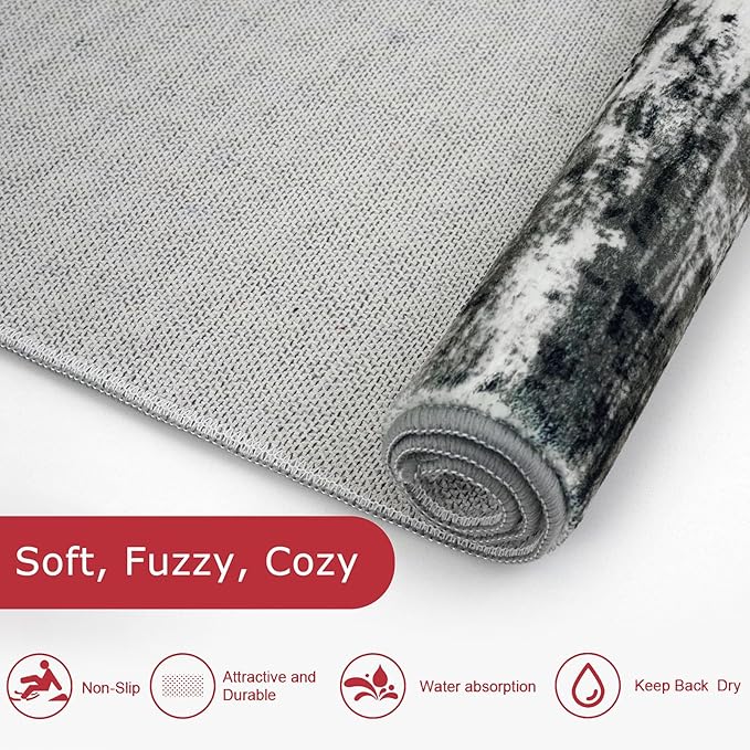 KOZYFLY Modern Abstract Entryway Rugs 2x3, Washable Kitchen Rug Non-Slip Soft Small Bathroom Rug, Black Grey Striped Small Area Rugs Print Faux Wool Doormat for Bedside Entrance Bedroom Sink