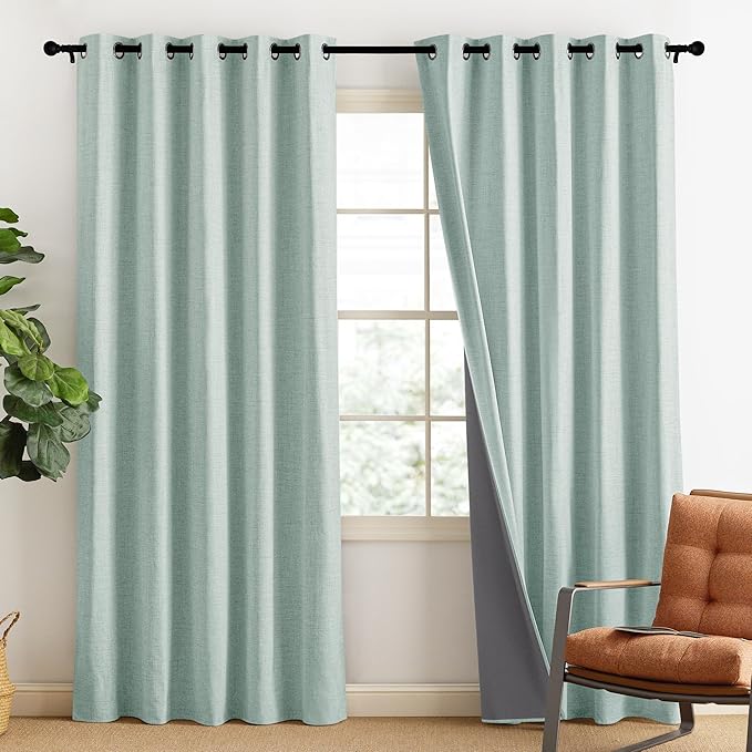 NICETOWN 100% Absolutely Blackout Linen Curtains with Thermal Insulated Liner, Seafoam Green, 62" Wide, 84" Length Energy Saving Curtains for Living Room 2 Panels Set, Vertical Blinds
