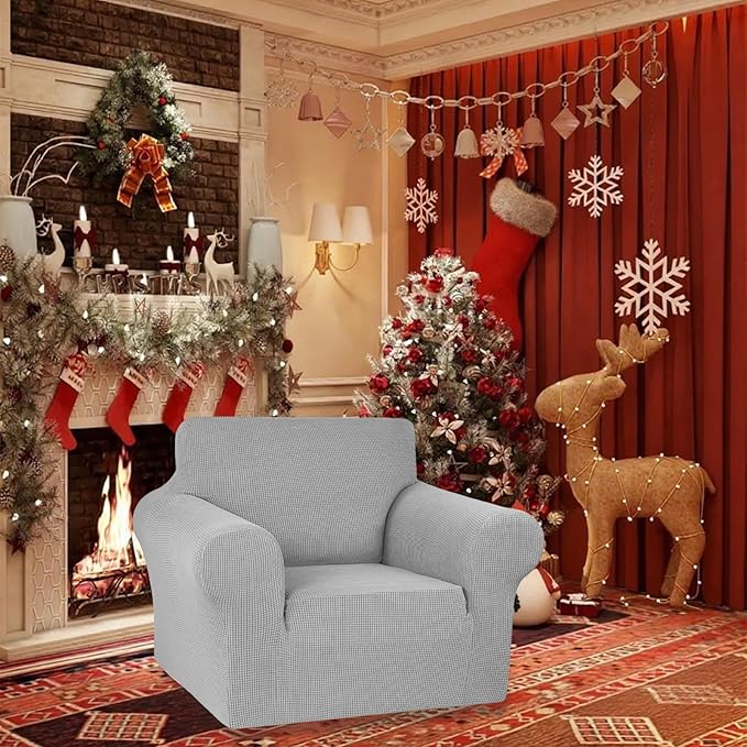 KEKUOU Stretch Single Sofa Slipcover 1 Piece Couch Sofa Cover (31"-55") Furniture Protector 1 Seater Sofa with Elastic Bottom for Kids,Pet.Jacquard Small Checked Pattern Fabric(Small,Silver)