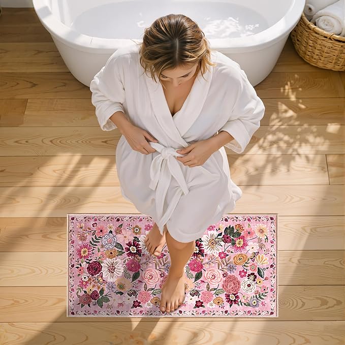2x4 Entryway Runner Rugs, Non Slip Washable Rugs with Rubber Backing Soft Floral Carpet Runner for Kitchen, Laundry, Bedroom, Bathroom(2 x 4, Pink Garden)
