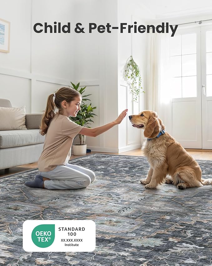 AMADA HOMEFURNISHING 5x7 Area Rugs, Washable Living Room Rug Low-Profile with Non-Slip Backing & Durable Edge Binding, Vintage 5x7 Rugs for Living Room, Bedroom, Dining Room