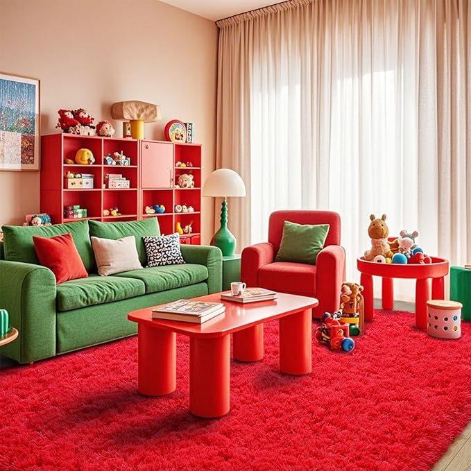 Pionblank 8x10 Rug for Living Room, Fuzzy Plush Large Area Rug, Fluffy Modern Shag Non Slip Soft Furry Carpet for Bedroom Kids Room Nursery Teens Dorm Home Decor, Red