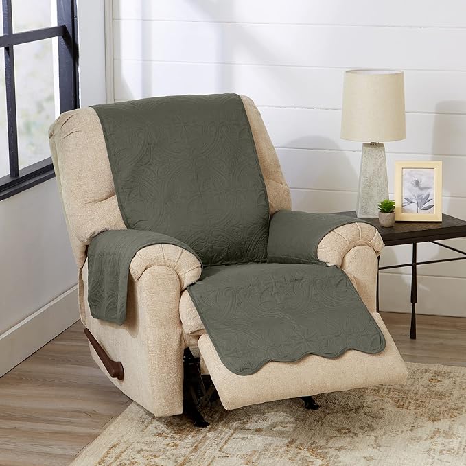 Great Bay Home Reversible Recliner Chair Cover - Washable Slipcover Furniture Protector with Elastic Straps - Perfect for Kids & Pets - Quilted & Stitched Detail (Sage Green/Light Gray)