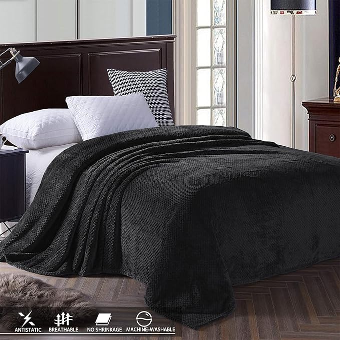 Exclusivo Mezcla Fleece Bed Blanket Twin Size, Super Soft and Warm Blankets for Couch, Sofa and Bed Waffle Textured, Cozy, Fuzzy and Lightweight (Black, 60x80 inches)