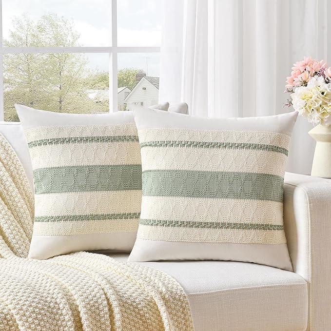 Fancy Homi Set of 1 Sage Green Boho Decorative Throw Pillow Covers 22x22 Inch for Living Room Bedroom Couch Bed Indoors, Rustic Retro Cushion Case 55x55 cm, Bohemian Room Home Decor