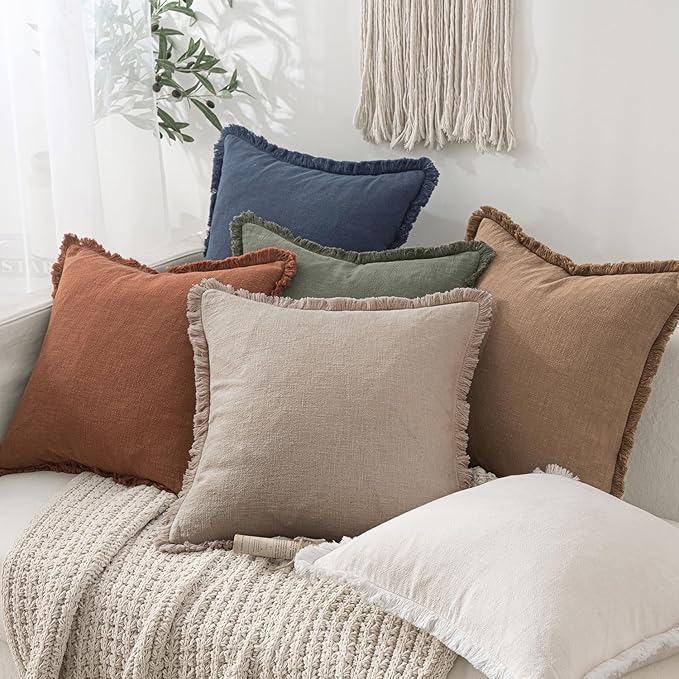 MIULEE Decorative Throw Pillow Covers Neutral Linen Fringe Throw Pillows Set of 2 Natural Linen Boho Farmhouse Cushion Covers with Tassels for Couch Sofa Bed Spring Home Decor 26x26 Inch