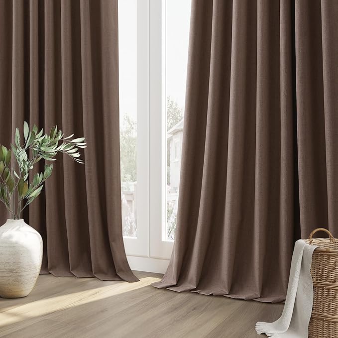 Guken Mocha Mousse 100% Blackout Linen Curtains 96 Inch Length 2 Panels Set for Living Room Bedroom Back Tab/Rod Pocket Thermal Insulated Farmhouse Black Out Drapes Room Darkening,52x96