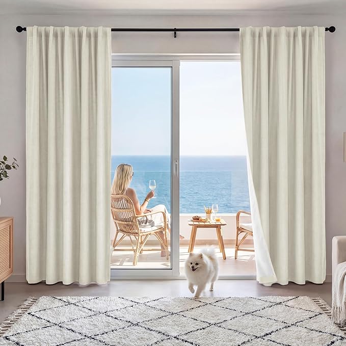 RYB HOME Cream Beige Linen 100% Blackout Curtains for Bedroom W52 x L78, Linen Blackout Curtains Privacy Assurd& Thermal Insulated for Sliding Door/Living Room/Nursery, 2 Panels